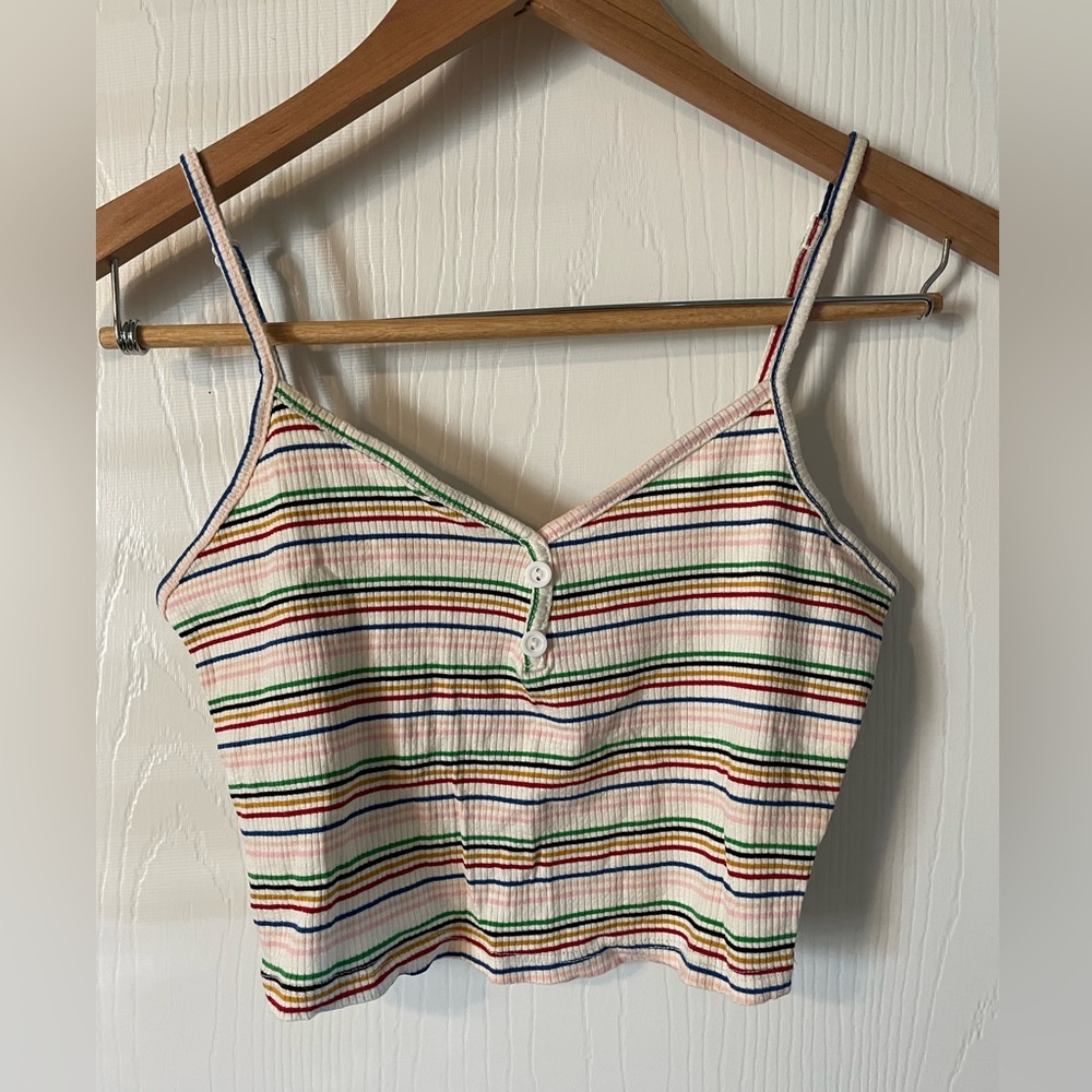 Forever 21 Ribbed White Rainbow Striped Cropped Tank Top Y2K